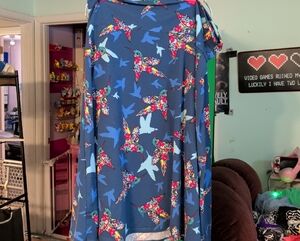 LuLaRoe Blue Skater Skirt with Multicolor Bird Print